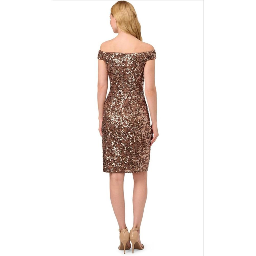 Adrianna Papell Women's Copper Sequin Off Shoulder Dress Size 14 EUC - Picture 2 of 11